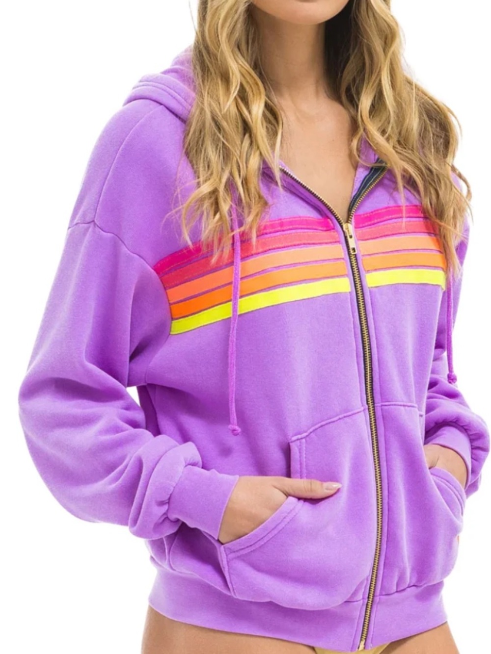 Aviator Nation 5 STRIPE ZIP HOODIE IN NEON PURPLE/NEON size large
